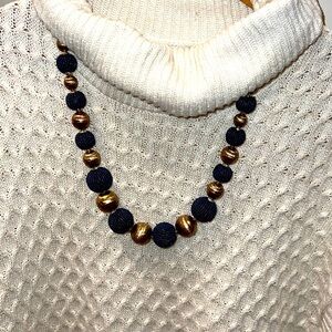 Vintage Beaded Boho Blue Gold Bauble Bead Necklace 18 inch